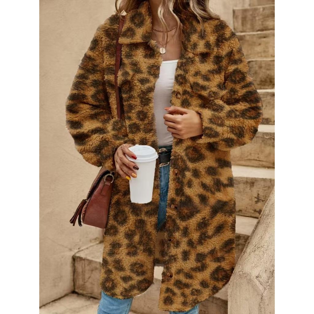 Women's Winter Long Loose Plush Coat, Turn-down Collar Buttoned Open Front Oversized Warm Overcoat for Women, European & American Style