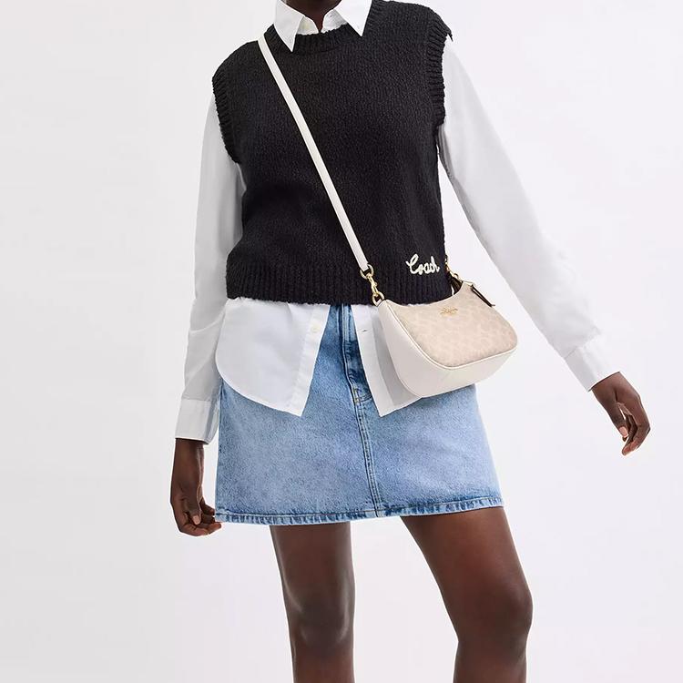Coach Teri 24 Monograma Clásico Logo Cierre de Cremallera Lona Recubierta Bolso de Mano Cruzado al Hombro Mediano Bolsos de Mujer Arena Blanco Tiza CV933-IMXDM