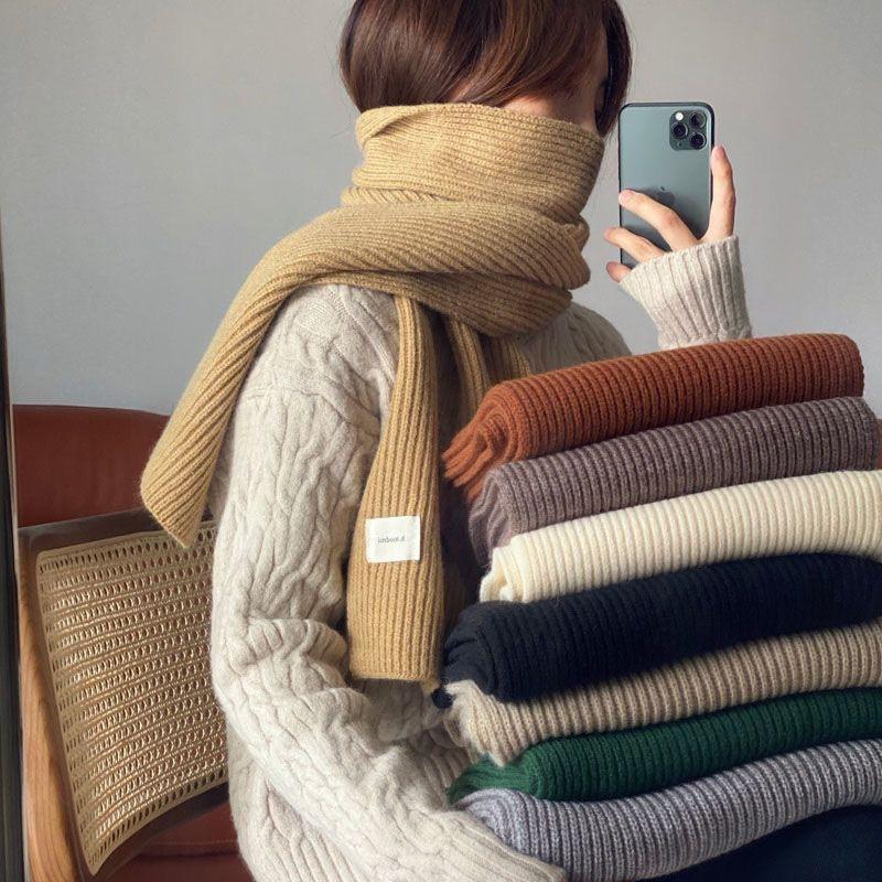 Korean Style Solid Color Knitted Scarf Women Warm Thick Neck Warmer Winter Accessory