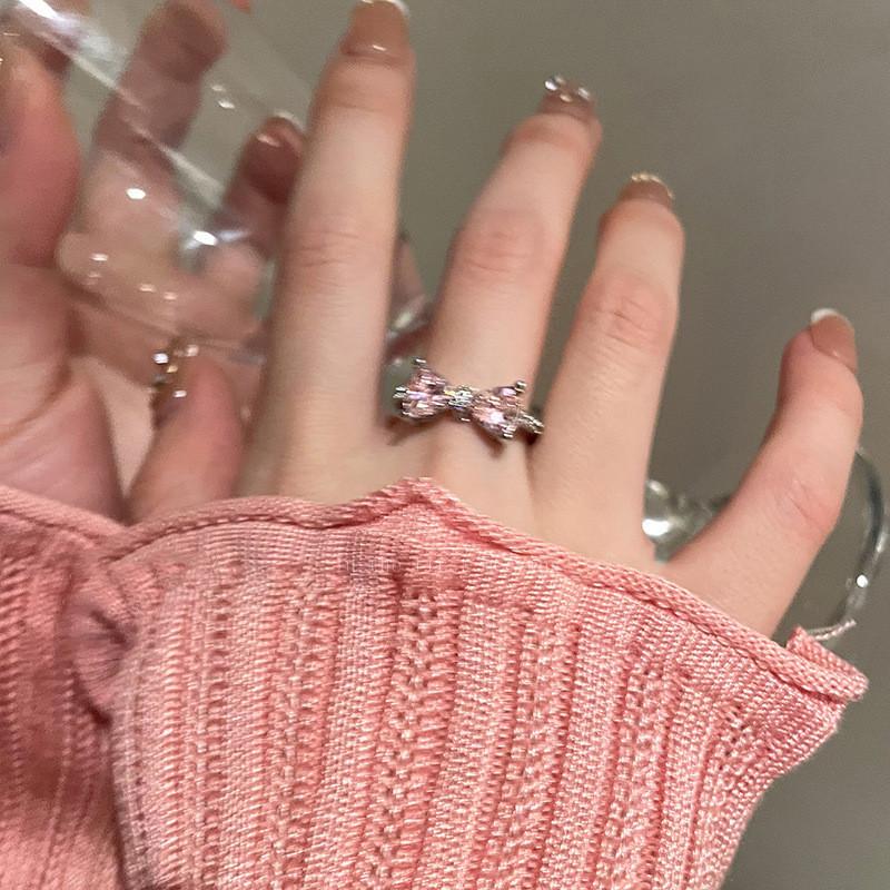 Stylish Bow Pink Knot Adjustable Open Ring For Women With Dazzling Gemstones Zirconia