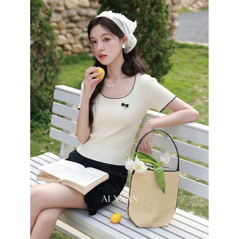 Lu Xiang Nan Women s Slim Fit U-Neck Knit Short Sleeve Top M
