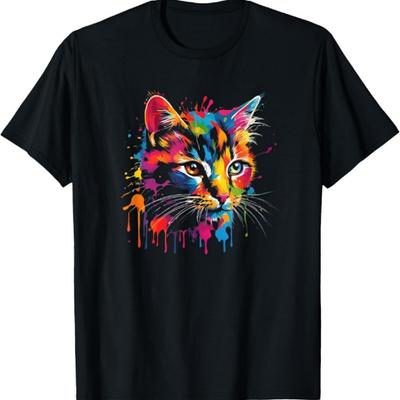 Lebhaftes Buntes Katze Farbspritzer T-Shirt