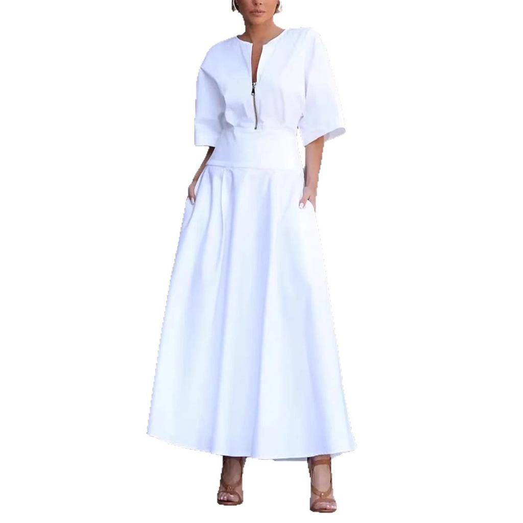 Women's Solid Color Short Sleeve Maxi Swing Dress Casual Fashion Summer Dress for Women