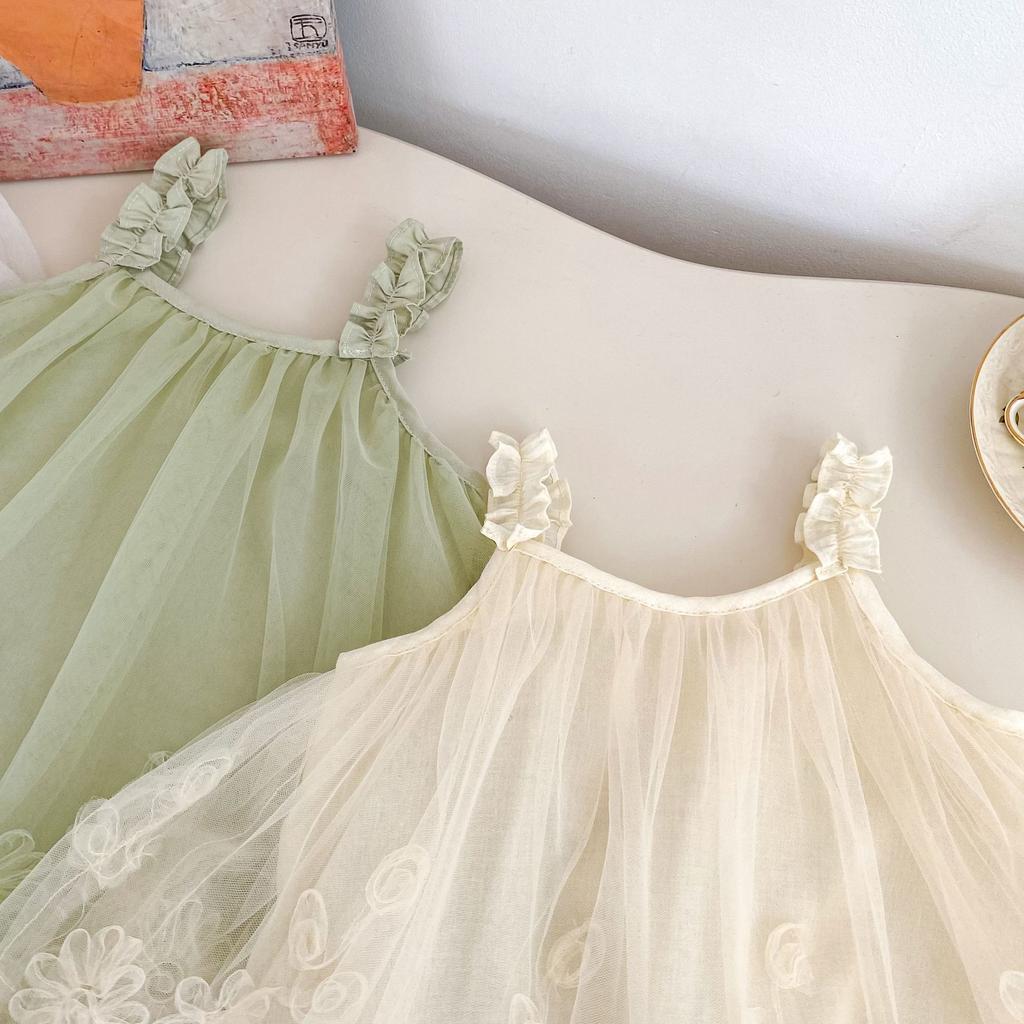 Girls Summer Floral Tulle Spaghetti Strap Princess Dress for Outings