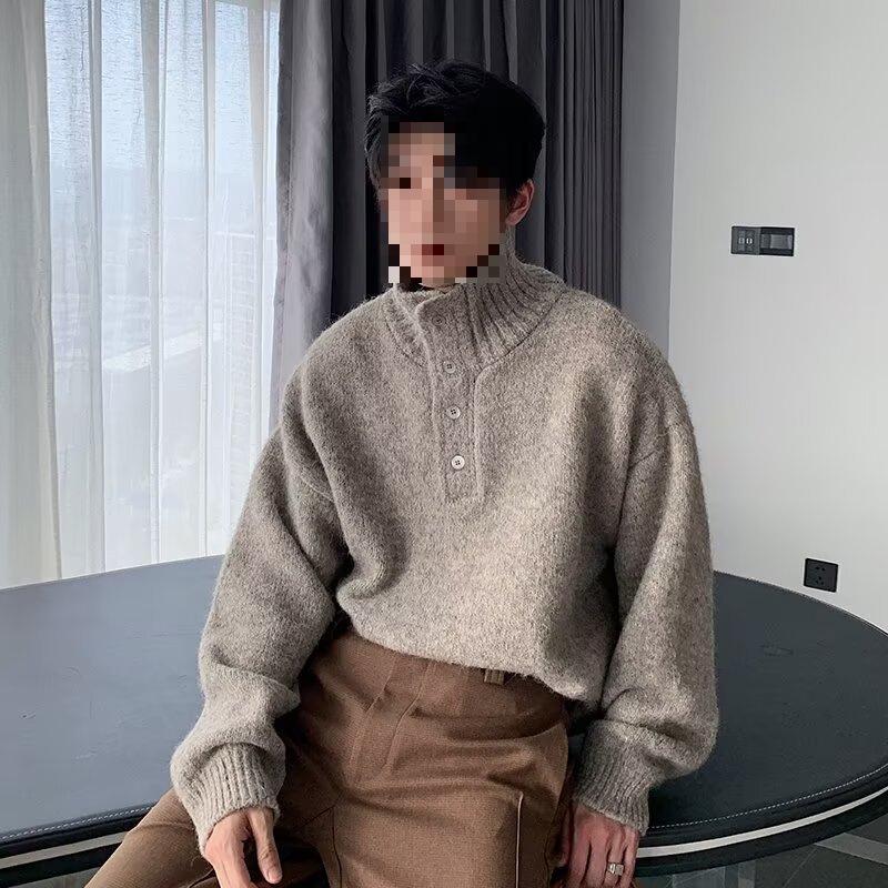 Men s High Neck Button-Up Knit Sweater - Warm Loose Fit for Autumn/Winter XXXL