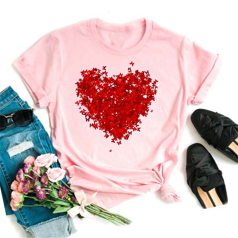 Watercolor Butterfly Heart Printed T Shirt New Women Black T Shirt Harajuku Cute Graphic Tee Shirt Ladies Casual Female Tops Tee