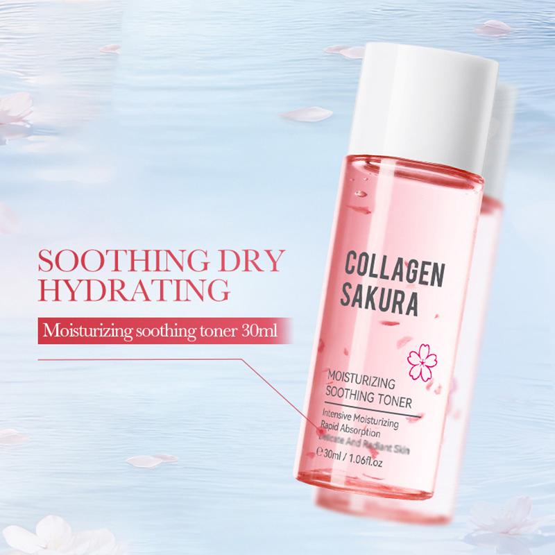 6-Piece Sakura Collagen Hydrating Travel Set - Cleanser, Toner, Lotion, Serum, Cream, Eye Cream for Smooth & Plump Skin