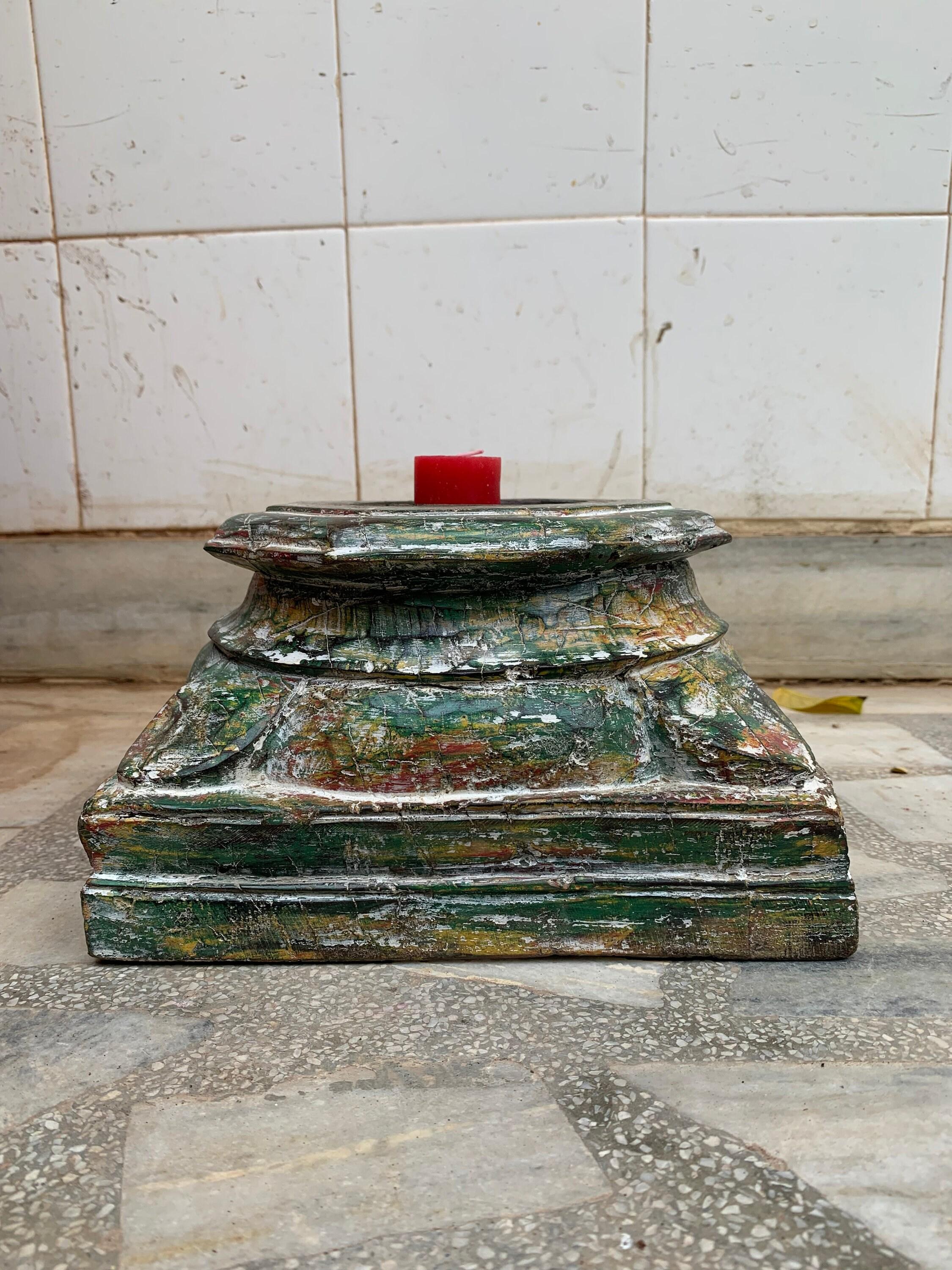 Antique Carved Wood Candle Stand: Rustic Indian Decor 16” X 8” X 24” (l x w x h) разноцветный