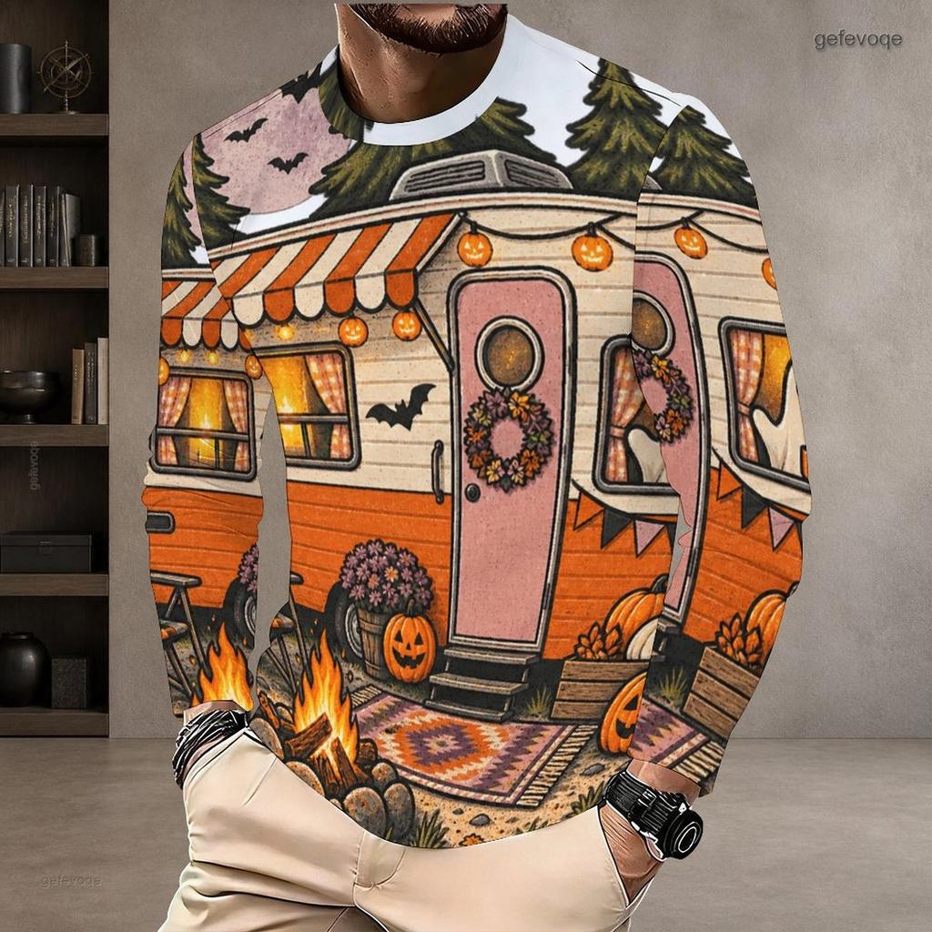 Men Plus Size Crew Neck Long Sleeve Shirt Black Gothic Skull Lion Graphic Casual Street Style Top