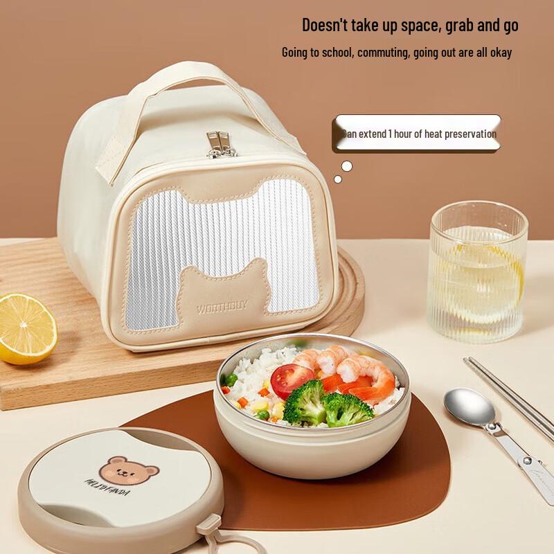 304 Stainless Steel Double-Layer Bento Box Set with Cutlery and Thermal Bag