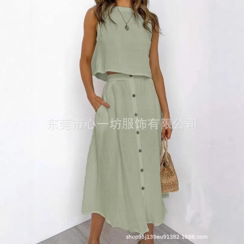 Women Sleeveless Tank Top High Waist Button Front Midi Skirt Two Piece Set Casual Summer Outfit