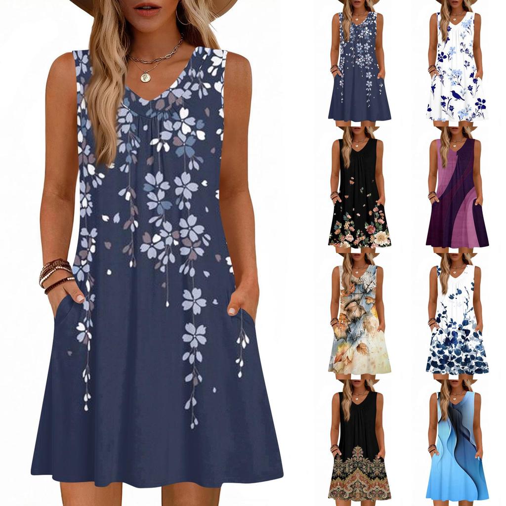 Women's Fashion Printed Summer Sleeveless V-neck Tank Top Pocket Casual Loose Dress