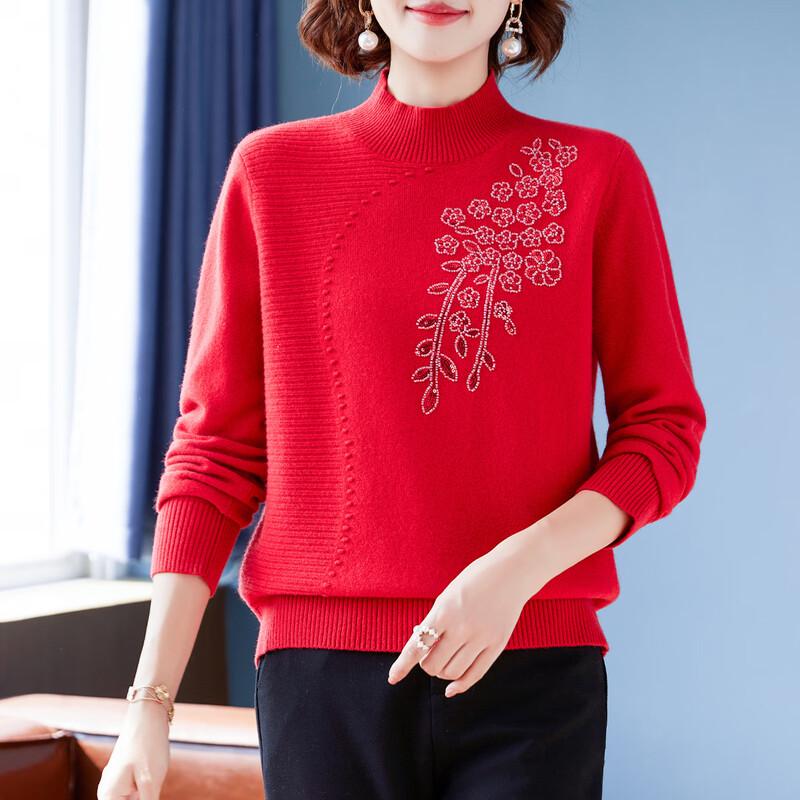 Women's 100% Merino Wool Embroidered Half-High Collar Sweater