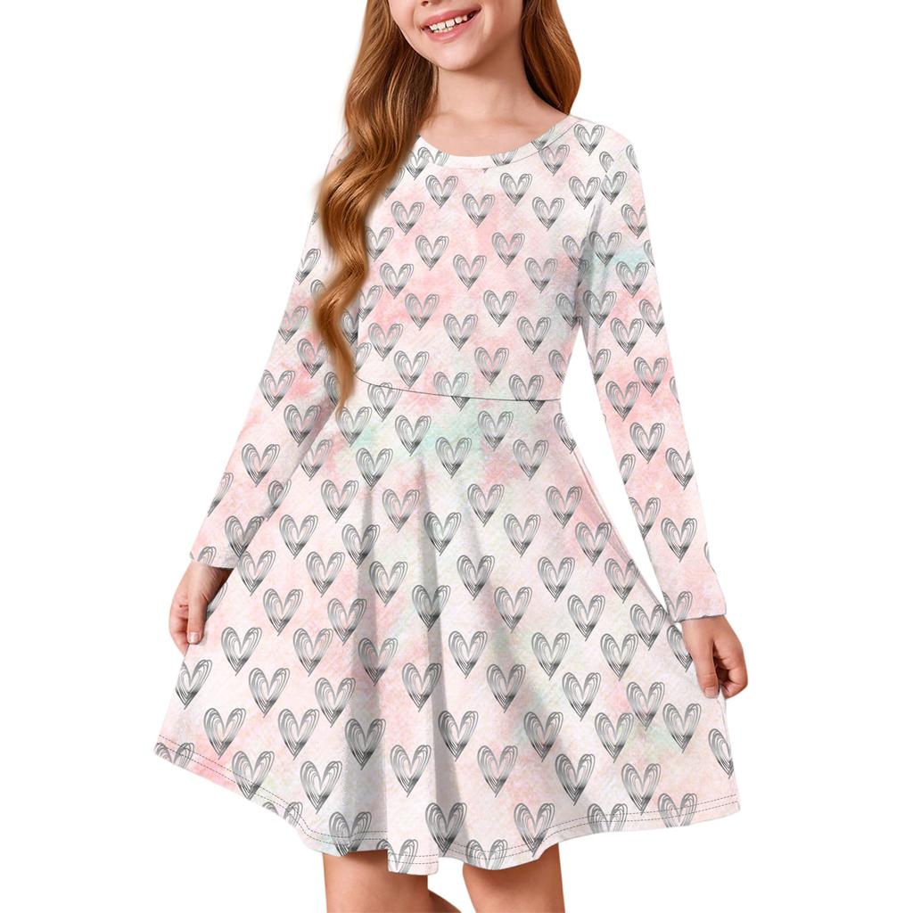Girls' Summer Princess Dress - Long Sleeve A-Line T-Shirt Dress Valentine's Day