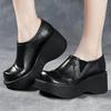 Fashion 6.5CM Handmade Wedges Heel Shoes Women Wide Head Design Genuine Leather Slip On Loafers Comfort Versatile Casual Lady Shoes