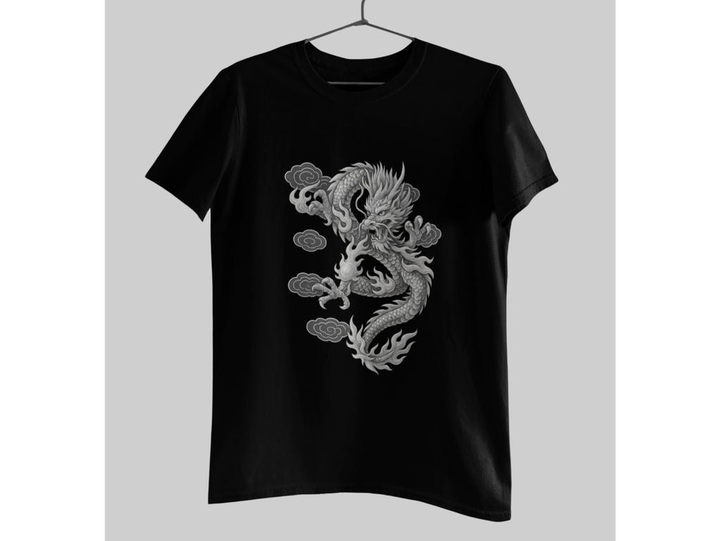 Traditional Chinese Dragon Shirt Black Grey Oriental Mythical Creature Tee