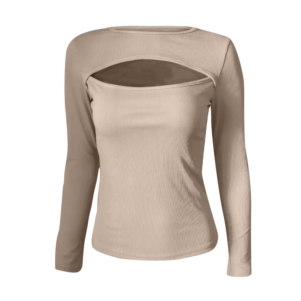 Dámské módní a sexy žebrované topy s výstřihem na hrudi a dlouhým rukávem