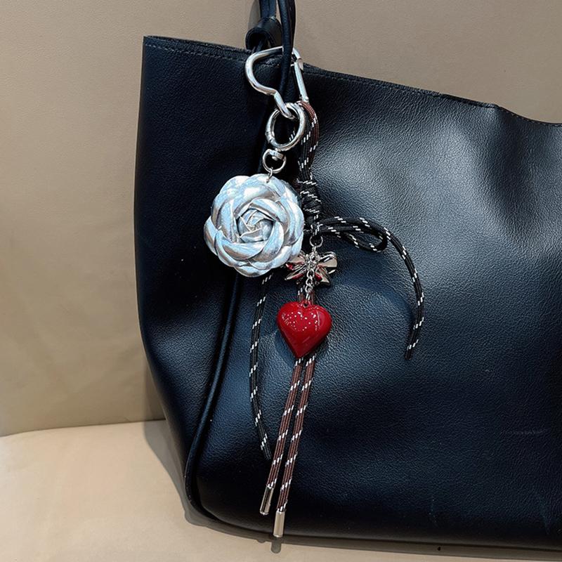 Handmade Camellia Flowers Heart Handbag Pendant Simple Tassels Backpack Hanging Bag Accessory