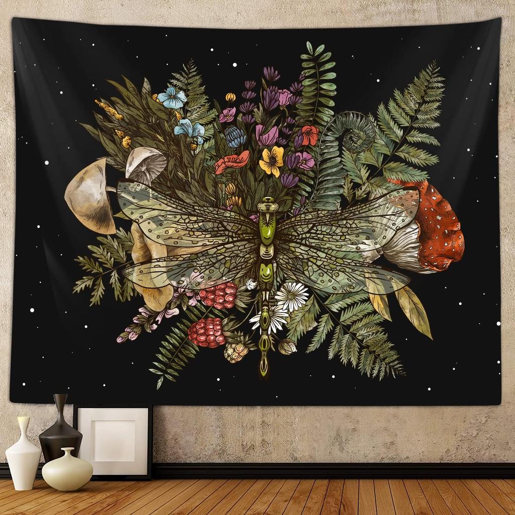 Boho Pilz Libelle Wandteppich für Schlafzimmer Ästhetisch Vintage Botanische Pflanzenkunst Wandbehänge für Studentenwohnheim