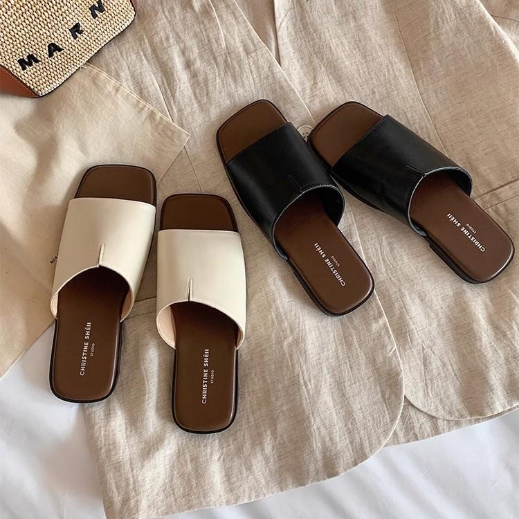 Su Yinyin has the same French square head flat bottom cool slippers for women's casual versatile soft leather with slippers for women's outer wear su