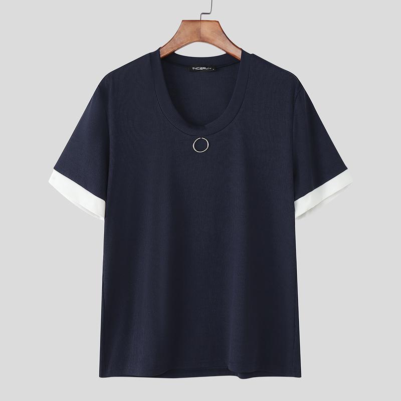 

INCERUN Men Scoop Neck Short Sleeve Stitching Casual Rib T-shirts Tops S темно-синього кольору