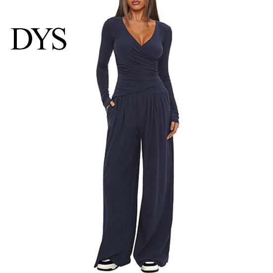 Stilvoller lockerer Damenanzug Damen 2-teiliges Loungewear-Set V-Ausschnitt Langarm-Oberteil Einfaches einfarbiges Outfit Und Weitbeinige Hosen Set Frühling Herbst Freizeit