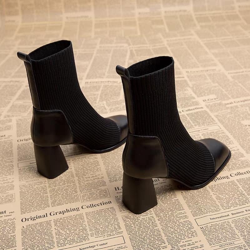Fashion Thick High Heel Short Boots Autumn Winter New Popular Square Headed knit Ankle Boots for Women Black Brown Elastic Heeled Boots