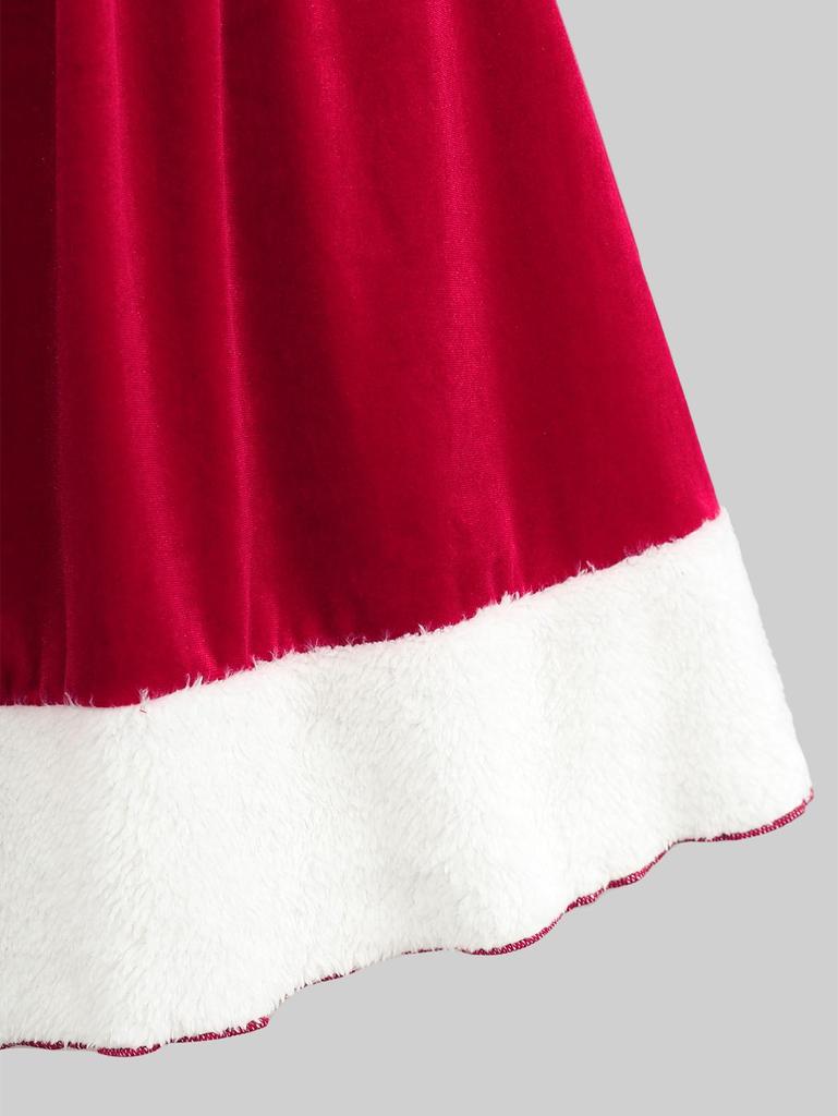 Rosegal Plus Size Contrast Binding Fluffy Fur Trim Mock Buttons Heart Buckle Belt A Line Velvet Christmas Tank Dress