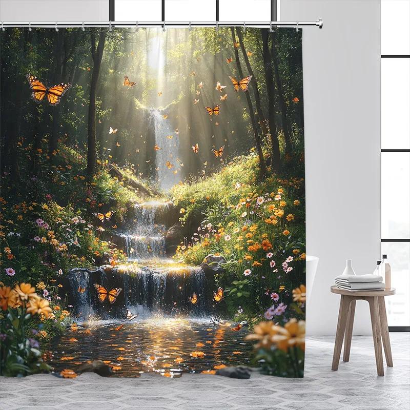 Forest Butterfly Shower Curtains Flowers Green Plants Butterflies Nature Waterfall Bath Curtain Fabric Bathroom Decor with Hooks