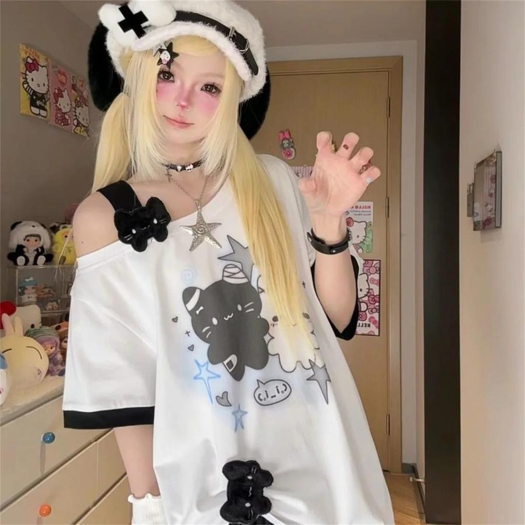 Cartoon Kawaii Niedlich Bedrucktes Damen T-Shirt Sommer Locker Schräger Kragen Grunge T-Shirt Y2k Ästhetik Schräger Kragen Fee T-Shirts