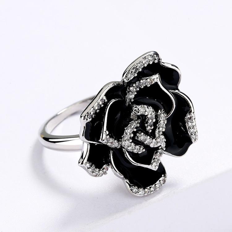 Vintage Elegant Enamel Ladies Ring Unique Black Flower Handmade Epoxy Jewelry Party Engagement Jewelry