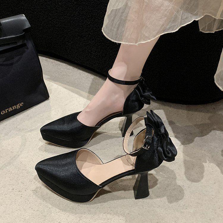 French Pointed Bow Thick Heel One-word Buckle Strap Single Shoes Women's Fashion Waterproof Table High Heels Women Are Not Tired of Feet 2025