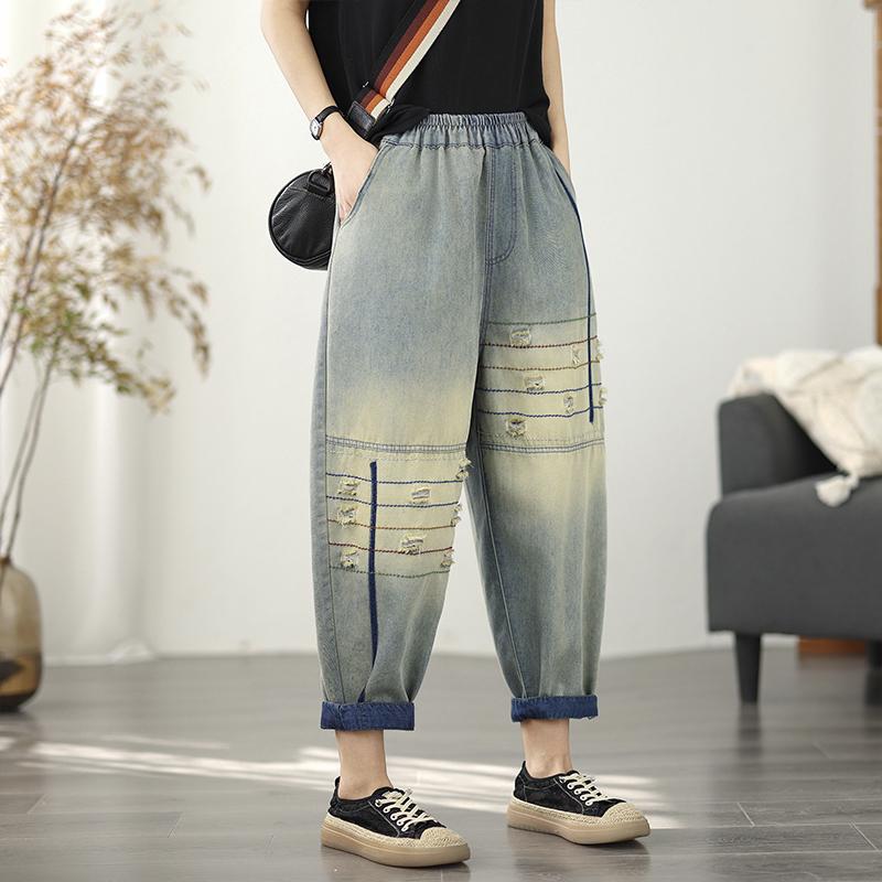 Übergröße dünn Vintage Stickerei Loch hohe Taille lässig locker Damen Sommer Jeans Denim Haremshose
