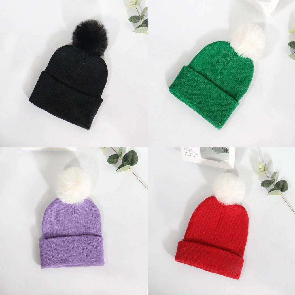 Soft Solid Color Plush Ball Knit Hat For Women Beanie For Casual Autumn Style