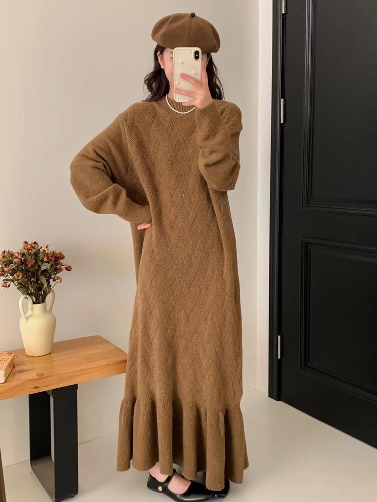 Large size women's fashion long crew neck knitted dress women's autumn and winter lazy wind loose fish tail bottom sweater skirt