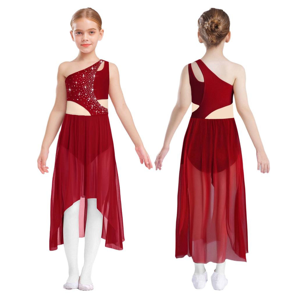 Girls Lyrical Dance Dress - Shiny Rhinestones One Shoulder Sleeveless Cutout with High-Low Flowy Mesh Skirt