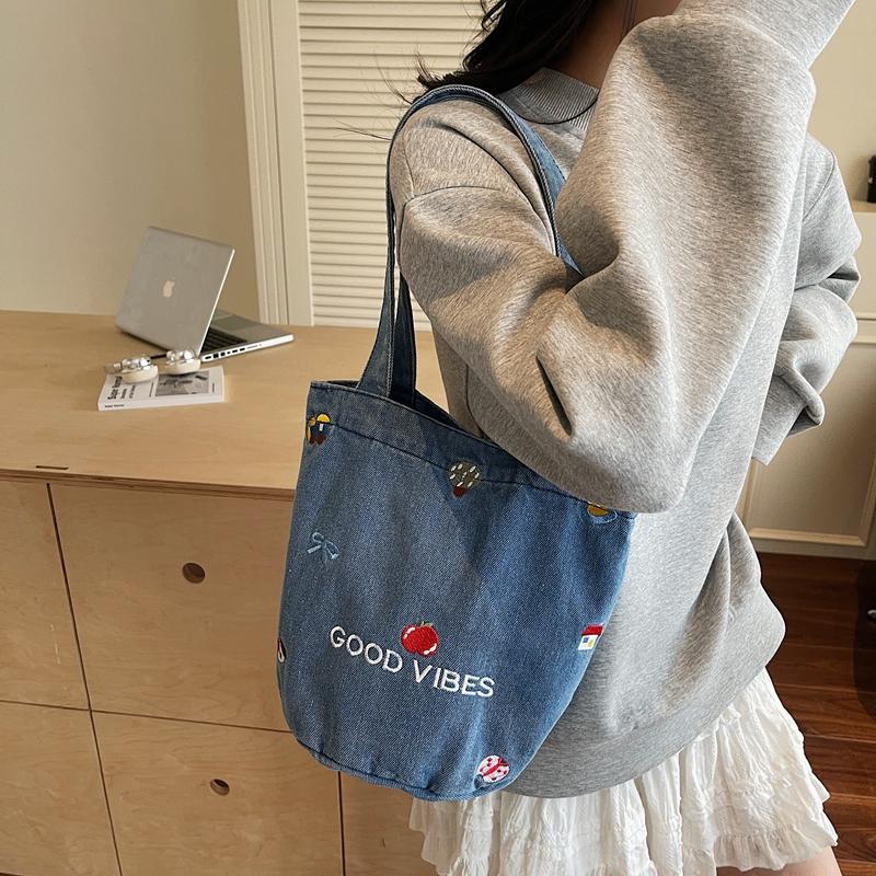 Large Capacity Denim Bag Women Embroidered Handbag Shoulder Bag