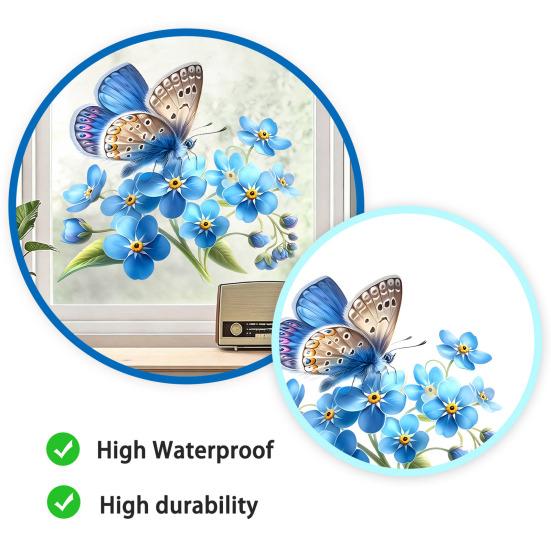 Pegatina de Ventana de Vidrio Flor Nomeolvides Mariposa Azul Flores Adhesivo de Ventana Calcomanía de PVC Estática Extraíble para Baño Cocina Decoración del Hogar