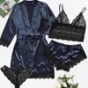 Europäischer & Amerikanischer 4-teiliger Spitzen-Pyjama-Set für Damen mit Morgenmantel - Sommer-Nachthemd