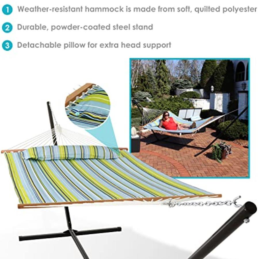 Outdoor Quilted Double Hammock with 15-Foot Stand in Blue and Green for 2 People - 400-Pound Capacity - Durable Polyester Fabri