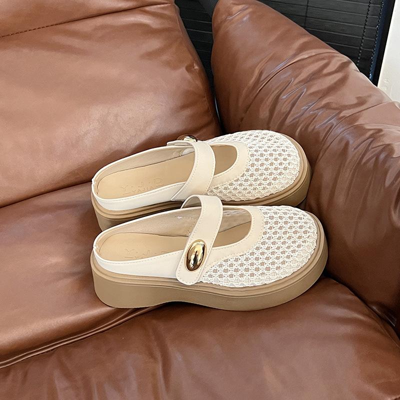 

Hollow fishing net crocheted word belt Mary Jane single shoes women s summer 2025 new round head flat ballet shoes 40