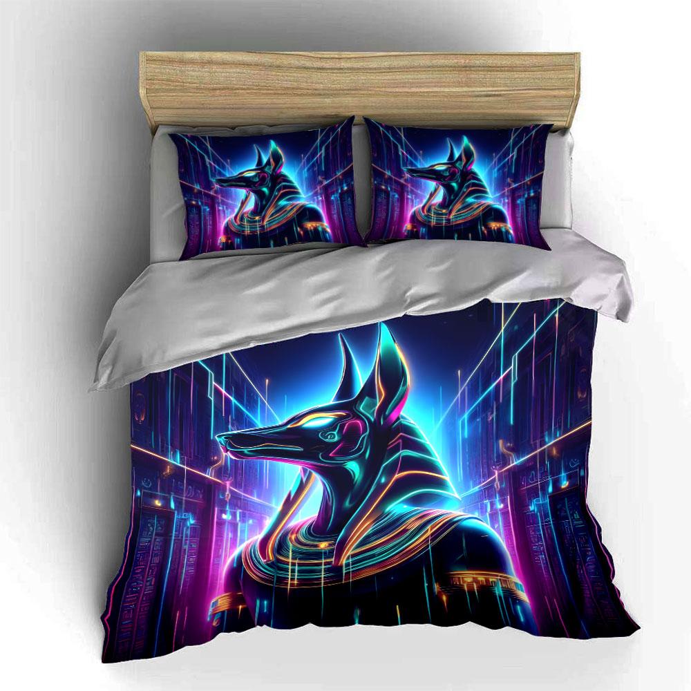 Neon Egyptian Anubis Trio Design Exquisite Three-Piece Bedding Set Gift For Kids And Adults EU Twin 135X200cm&set