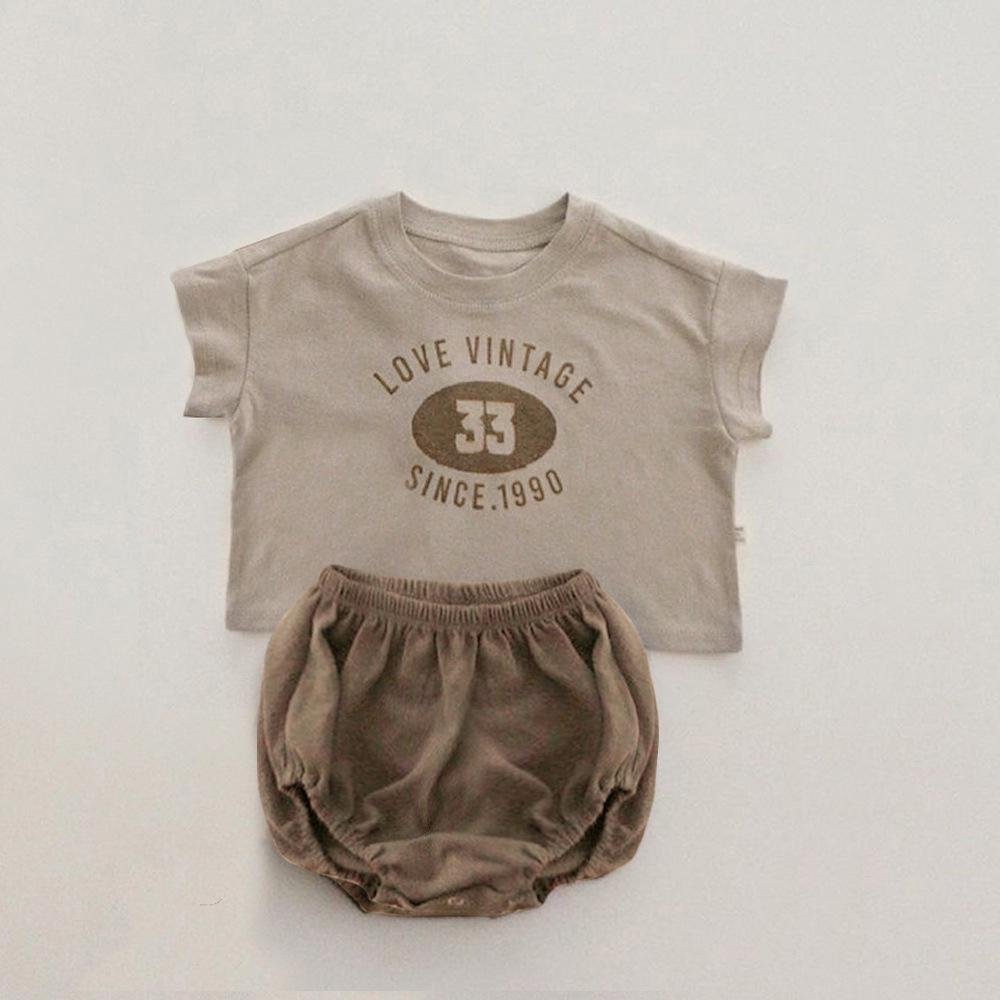 Children's Summer Short-Sleeve Two-Piece Set: Baby Letter Print T-Shirt & Bread Pants In Merade Color