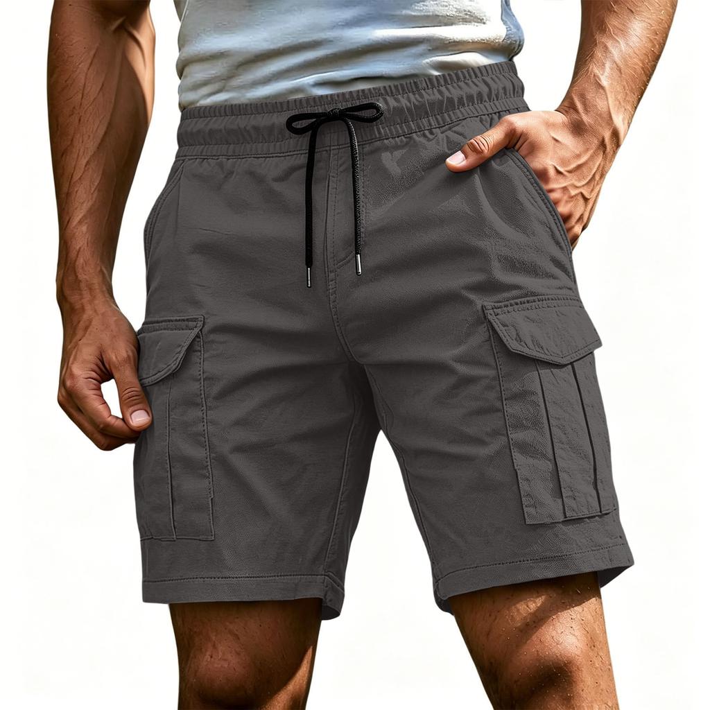 Men's Casual Cargo Shorts Elastic Drawstring Waist Multi-Pocket Summer Quick Dry Workout Solid Color Beach Short Pants