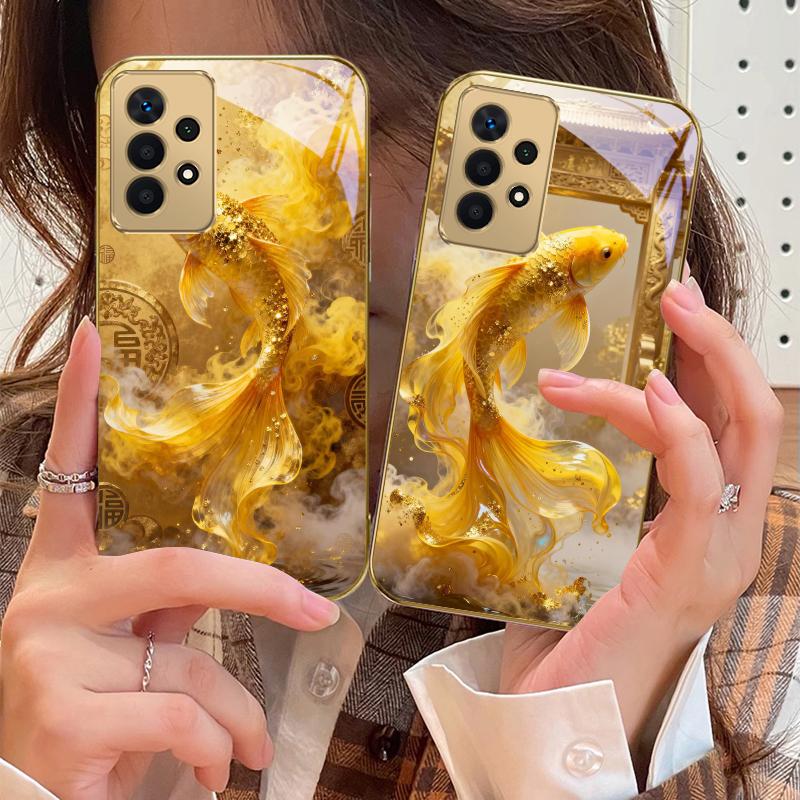 Harmonický zlatý kapr Pro Samsung A 01 52S A04 A05S A10 A12 13 22 23 24 36 42 M02 Note 10 20Ultra 8 9 Zlaté skleněné pouzdro na telefon