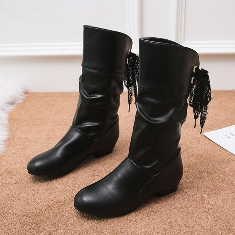 Fashion Plus Size 35-43 Women Middle Calf Boots Back Lace Up Low Heels Autumn Shoes Black Botines White Botas Mujer Female Snow Boot Red