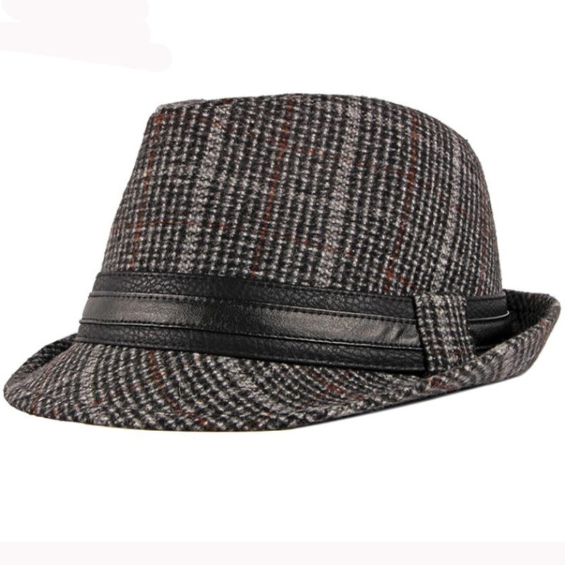 

HT2774 Fedoras Autumn Winter Hat Caps for Men Vintage Plaid Wool Hat Retro Gentleman Black Band Fedora Hat Male Trilby Jazz Hat 56-58cm чёрный