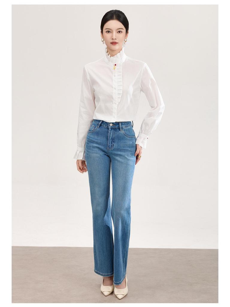 Damen Hemd aus reiner Baumwolle mit französischem Rüschenbesatz - Frühlings-Oberteil mit Micro-Flare Langarm