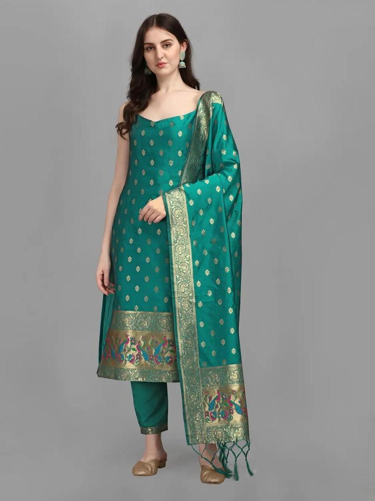 Women Designer Party Wear Sleeveless Cotton Silk Kurta Pant Dupatta Set