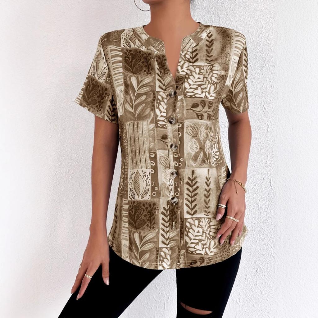 Summer Spring Women's Printed Short Sleeve Cardigan T-shirt, Fashion Casual Tops for Women, European American Style Crossbody Outwear